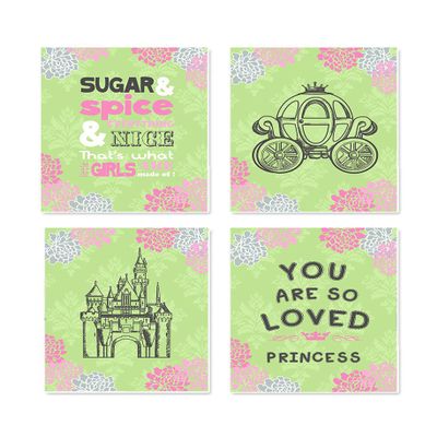 Girls UNFRAMED Nursery Rhymes Wall Decor Prints - Unique Princess Castle & Carriage Floral Baby Shower Art Gift - for Bedrooms & Playrooms - Choose from Designer Colors & Sizes