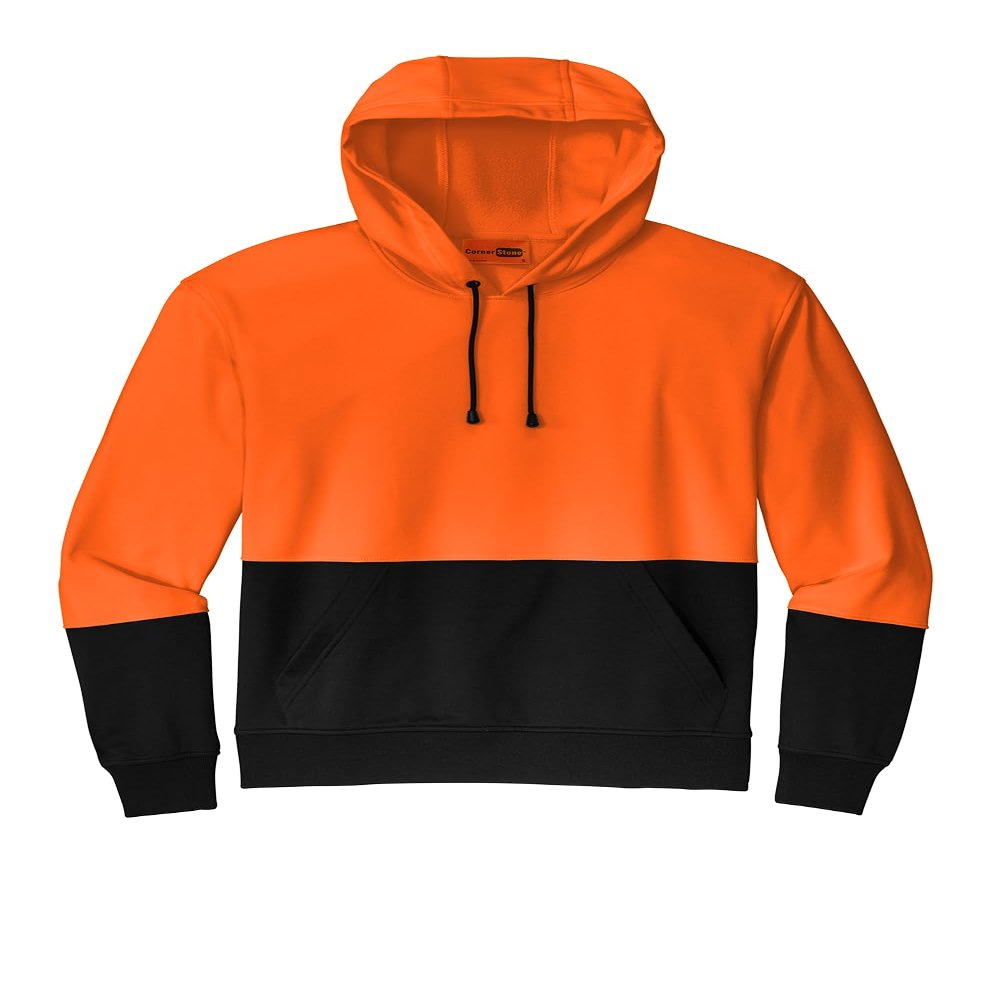 CornerStone Unisex Enhanced Visibility Fleece Pullover Hoodie | Vibrant Neon Sweatshirt for Work, Lightweight Fleece Jacket, Safety Orange, Small