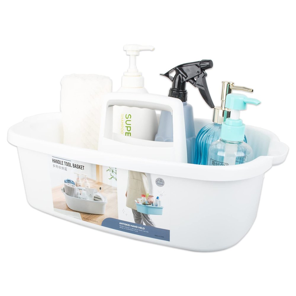 Large Cleaning Supplies Caddy Portable Shower Basket Supply Organizer with Handle Plastic Bucket Tool Storage for Bathroom, Bedroom, Kitchen, College Dorm, Garden, White