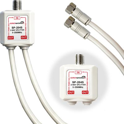 GROWORD Satellite Splitter 5-2500MHz, 2-Way CATV Splitter with RG6 Coaxial Cable and 2 Connectors, for Pass Power to LNB, Improve HD TV Satellite Antenna Signal Quality, Corrosion Resistant