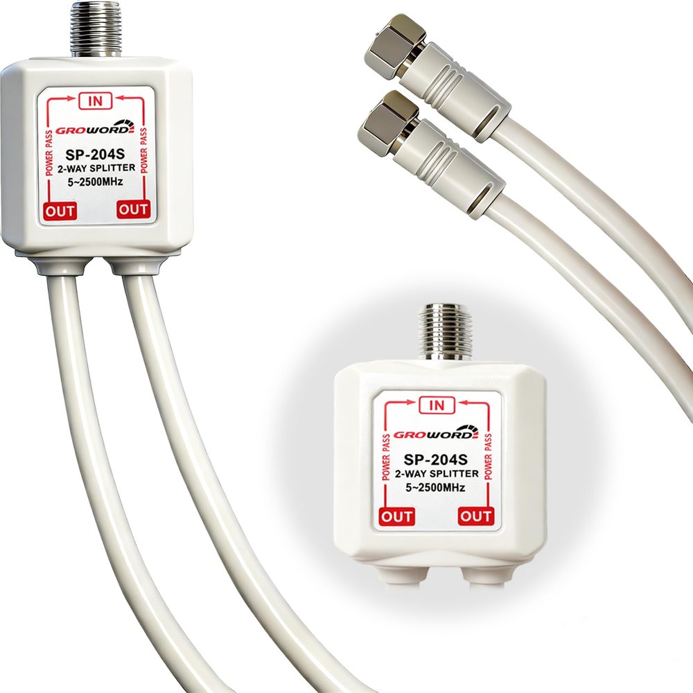 GROWORD Satellite Splitter 5-2500MHz, 2-Way CATV Splitter with RG6 Coaxial Cable and 2 Connectors, for Pass Power to LNB, Improve HD TV Satellite Antenna Signal Quality, Corrosion Resistant