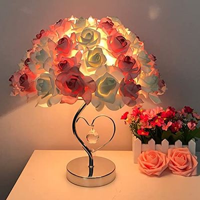 ZGHD Modern Table Lamp, Valentine's Day Decoration, Romantic Rose Flower Led Night Light Bedside Lamp for Valentine's, Wedding, Mother's Day Indoor Decorations Atmosphere Lighting, White and Pink