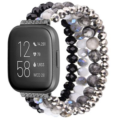 CAGOS Bracelet Compatible with Fitbit Versa 4 Bands/3/Sense/Sense 2 for Women, Handmade Beaded Elastic Replacement Wristband for Versa 2/1/Lite Watch/Special Edition Watch (Black, Versa 1/2/Versa Lite/Special Edition)