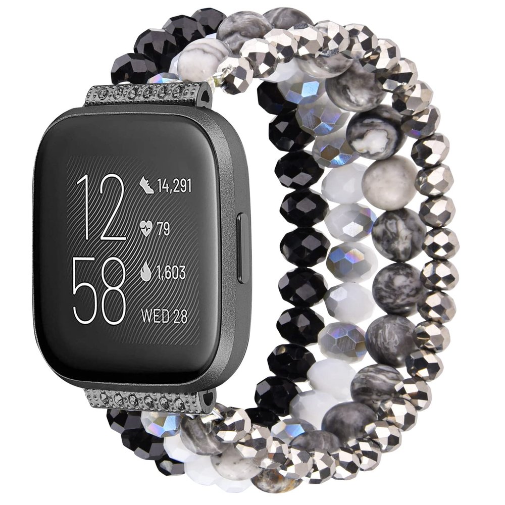 CAGOS Bracelet Compatible with Fitbit Versa 4 Bands/3/Sense/Sense 2 for Women, Handmade Beaded Elastic Replacement Wristband for Versa 2/1/Lite Watch/Special Edition Watch (Black, Versa 1/2/Versa Lite/Special Edition)