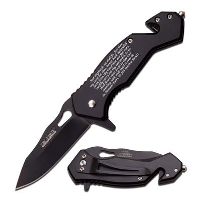 Blue Steel Camping Knife, Lock-Back Pocket Knife with Clip, Boondocks Saints Prayer Pocket Knife with Black Finished Color - Blue
