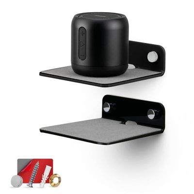 BRAINWAVZ 2-Pack 4 Small Floating Shelf Bluetooth Speaker Stand, Adhesive & Screw Wall Mount, Anti Slip, for Cameras, Baby Monitors, Webcam, Router & More, Universal Holder (SHELF11 Black)