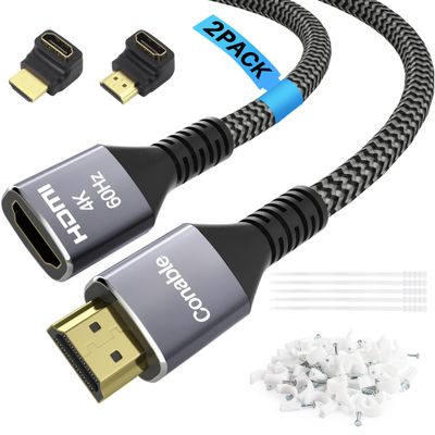 4K HDMI Extension Cable (2 Pack 10FT+ 10FT), HDMI 2.0 Braided Extender Male to Female Cord, Pure Copper 3D 4K@60Hz 2160p 1080p HDR HDCP 2.2 ARC (with Ties, U Nails, 2 HDMI Adapters)-10 Feet-2 Pack