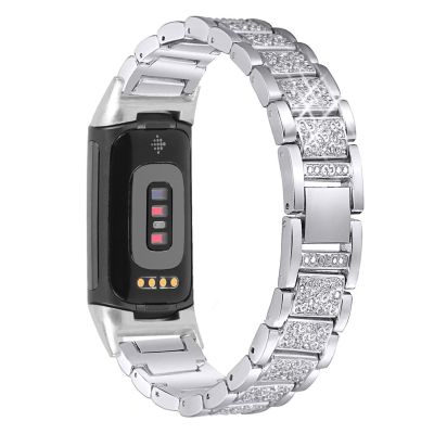 Mtozon Bling Bands Compatible with Fitbit Charge 6/Charge 5, Dressy Metal Bracelet Luxurious Rhinestone Replacement Wristband for Women, Silver