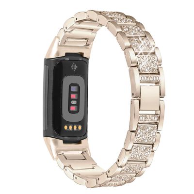 Mtozon Bling Bands Compatible with Fitbit Charge 6/Charge 5, Dressy Metal Bracelet Luxurious Rhinestone Replacement Wristband for Women, Soft Gold