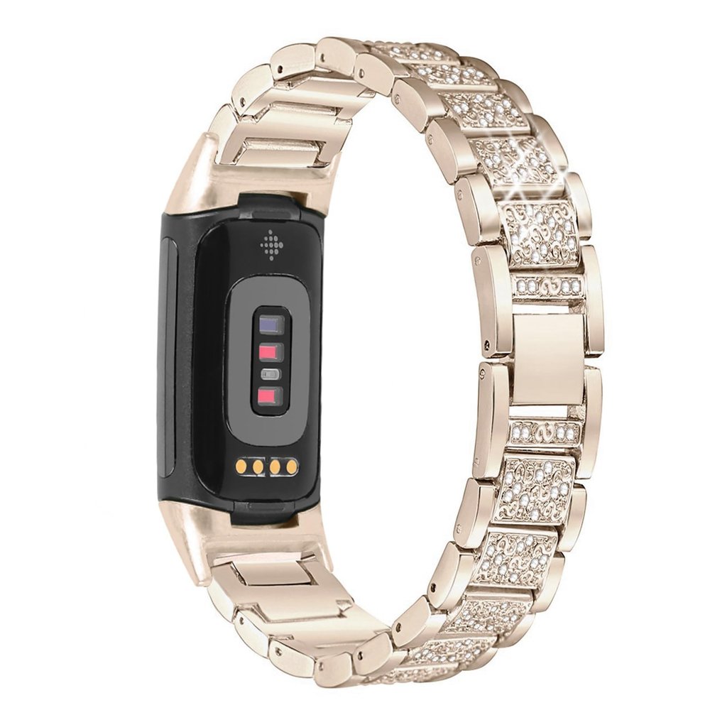 Mtozon Bling Bands Compatible with Fitbit Charge 6/Charge 5, Dressy Metal Bracelet Luxurious Rhinestone Replacement Wristband for Women, Soft Gold
