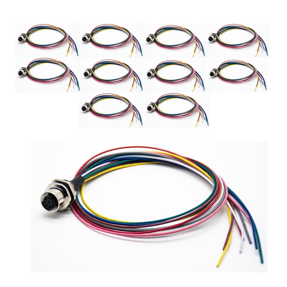 10pcs M12 8pin Female Connector A-Code Panel Receptacle Back Mount Connector Straight Soldering Type with Thread Locking with 50CM Length Single Wires Female 8pin M12 Connector