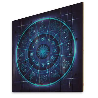 DesignQ Neon Deep Blue Horoscope Circle With Zodiac Signs - Modern Print on Natural Pine Wood
