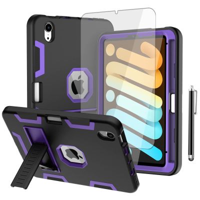 AICase iPad mini 6 (2021) with Screen Protector, Kickstand Shockproof Heavy Duty Resistant Rugged Hybrid Three Layer Full Body Protection Case with Stylus (Black/Purple)