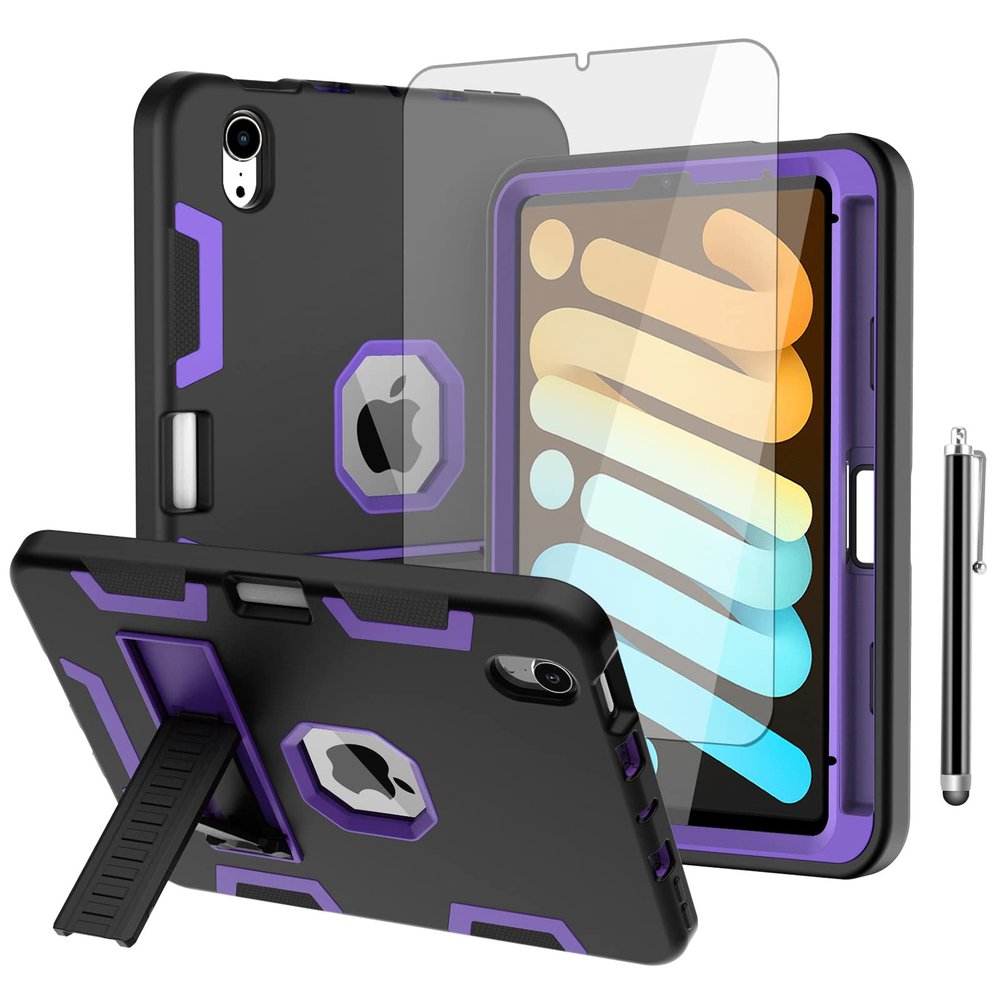 AICase iPad mini 6 (2021) with Screen Protector, Kickstand Shockproof Heavy Duty Resistant Rugged Hybrid Three Layer Full Body Protection Case with Stylus (Black/Purple)