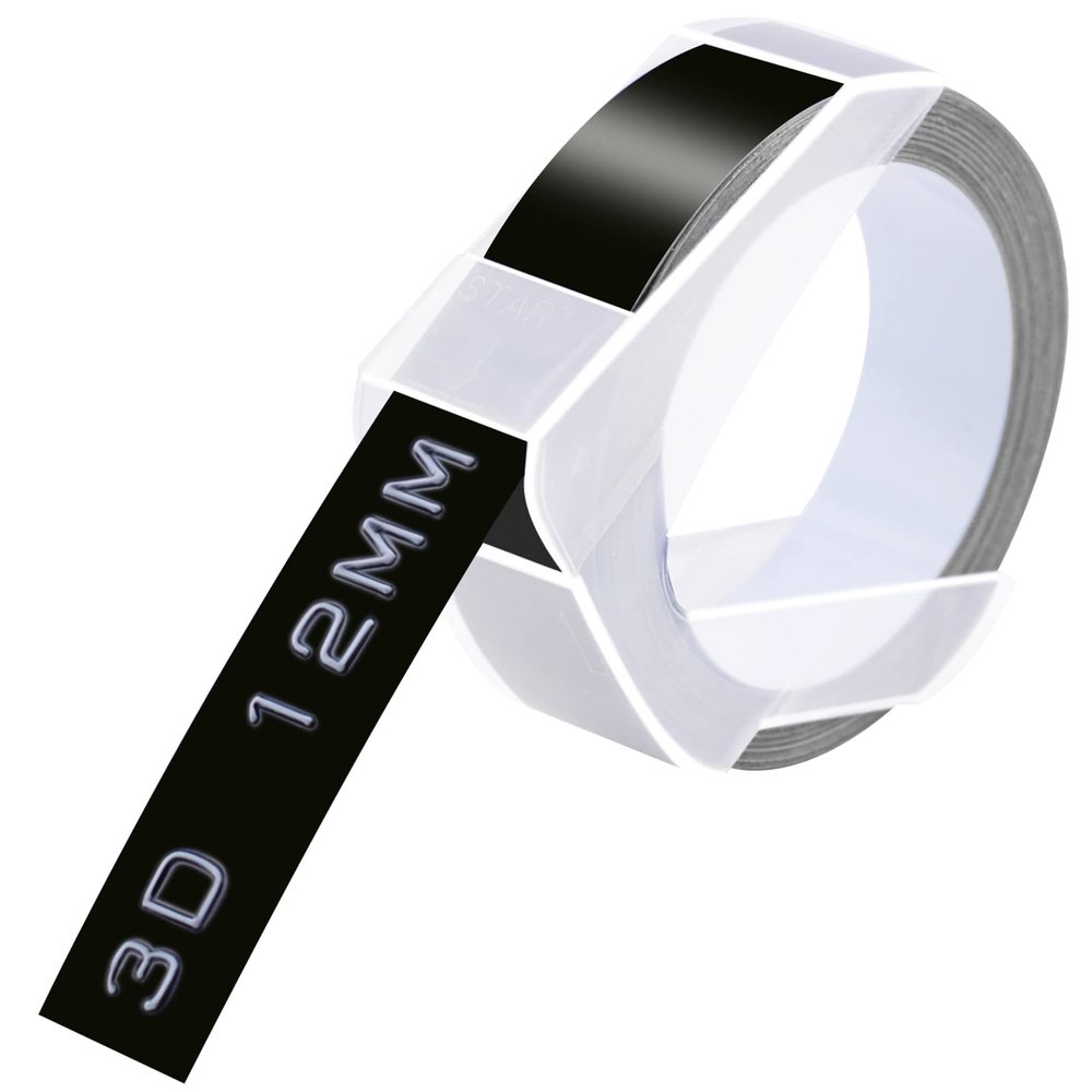 GREENCYCLE 3D Plastic Embossing Label Tape Compatible for Dymo Organizer Xpress, Pro Office Mate II, MoTEX, Self-Adhesive Glossy Labeling 521209, 1/2" (12mm) x 9.8ft (3m) White on Black-50 Rolls