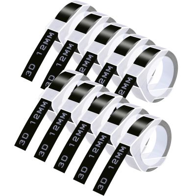 GREENCYCLE 3D Plastic Embossing Label Tape Compatible for Dymo Organizer Xpress, Pro Office Mate II, MoTEX, Self-Adhesive Glossy Labeling 521209, 1/2" (12mm) x 9.8ft (3m) White on Black-10 Rolls