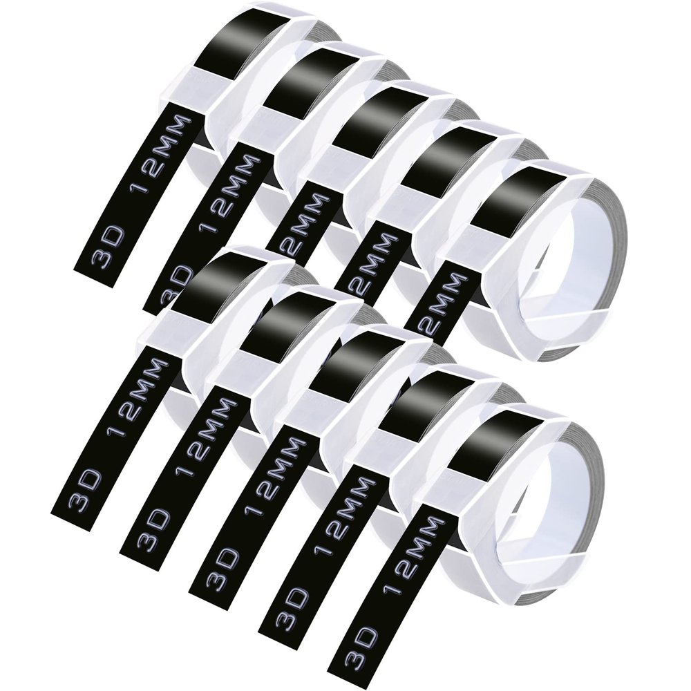 GREENCYCLE 3D Plastic Embossing Label Tape Compatible for Dymo Organizer Xpress, Pro Office Mate II, MoTEX, Self-Adhesive Glossy Labeling 521209, 1/2" (12mm) x 9.8ft (3m) White on Black-10 Rolls