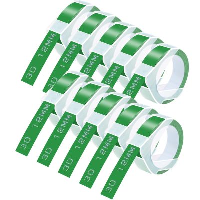 GREENCYCLE 3D Plastic Embossing Label Tape Compatible for Dymo Organizer Xpress, Pro Office Mate II, MoTEX, Self-Adhesive Glossy Labeling 521203, 1/2" (12mm) x 9.8ft (3m) White on Green-10 Rolls