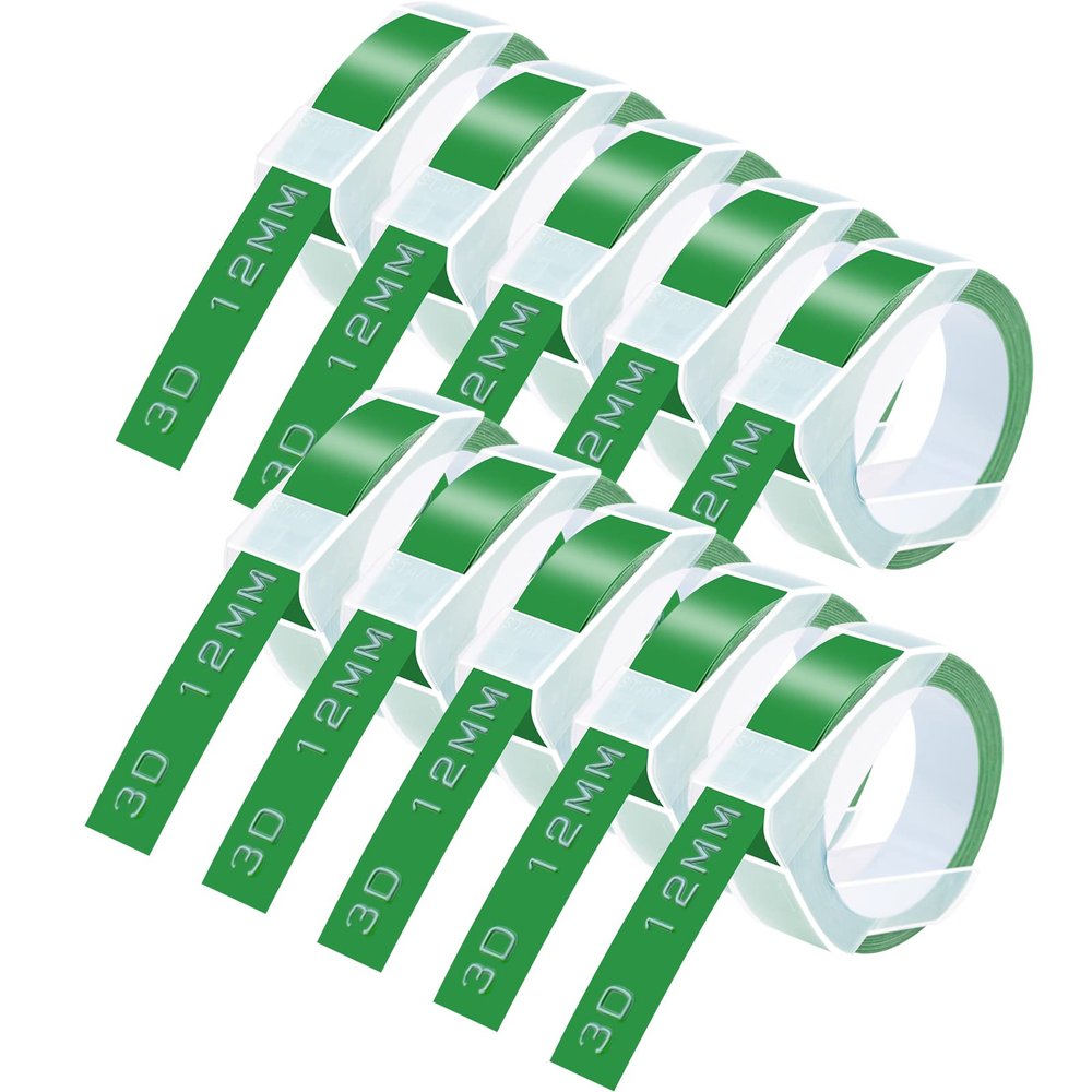 GREENCYCLE 3D Plastic Embossing Label Tape Compatible for Dymo Organizer Xpress, Pro Office Mate II, MoTEX, Self-Adhesive Glossy Labeling 521203, 1/2" (12mm) x 9.8ft (3m) White on Green-10 Rolls