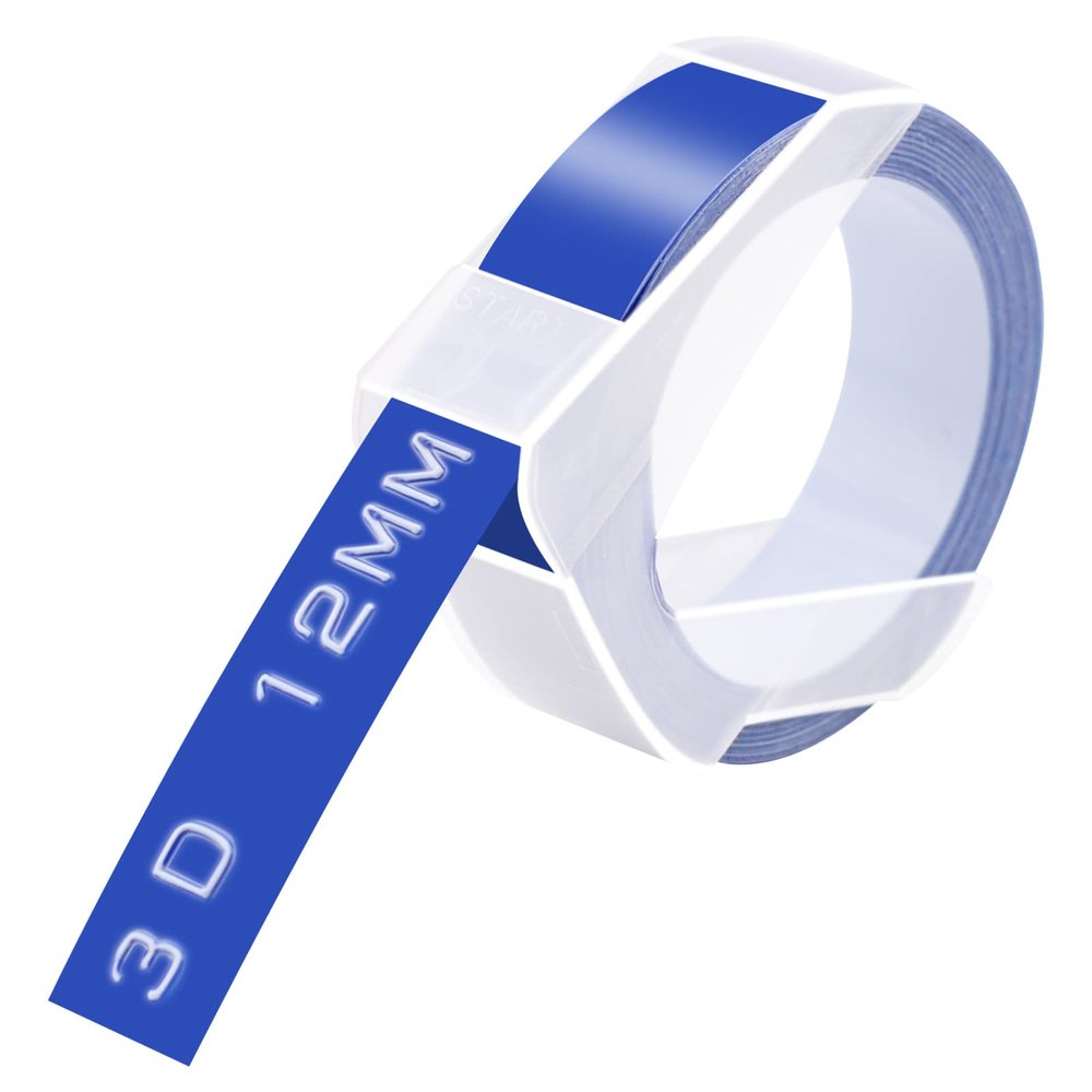 GREENCYCLE 3D Plastic Embossing Label Tape Compatible for Dymo Organizer Xpress, Pro Office Mate II, MoTEX, Self-Adhesive Glossy Labeling 521206, 1/2" (12mm) x 9.8ft (3m) White on Blue-100 Rolls