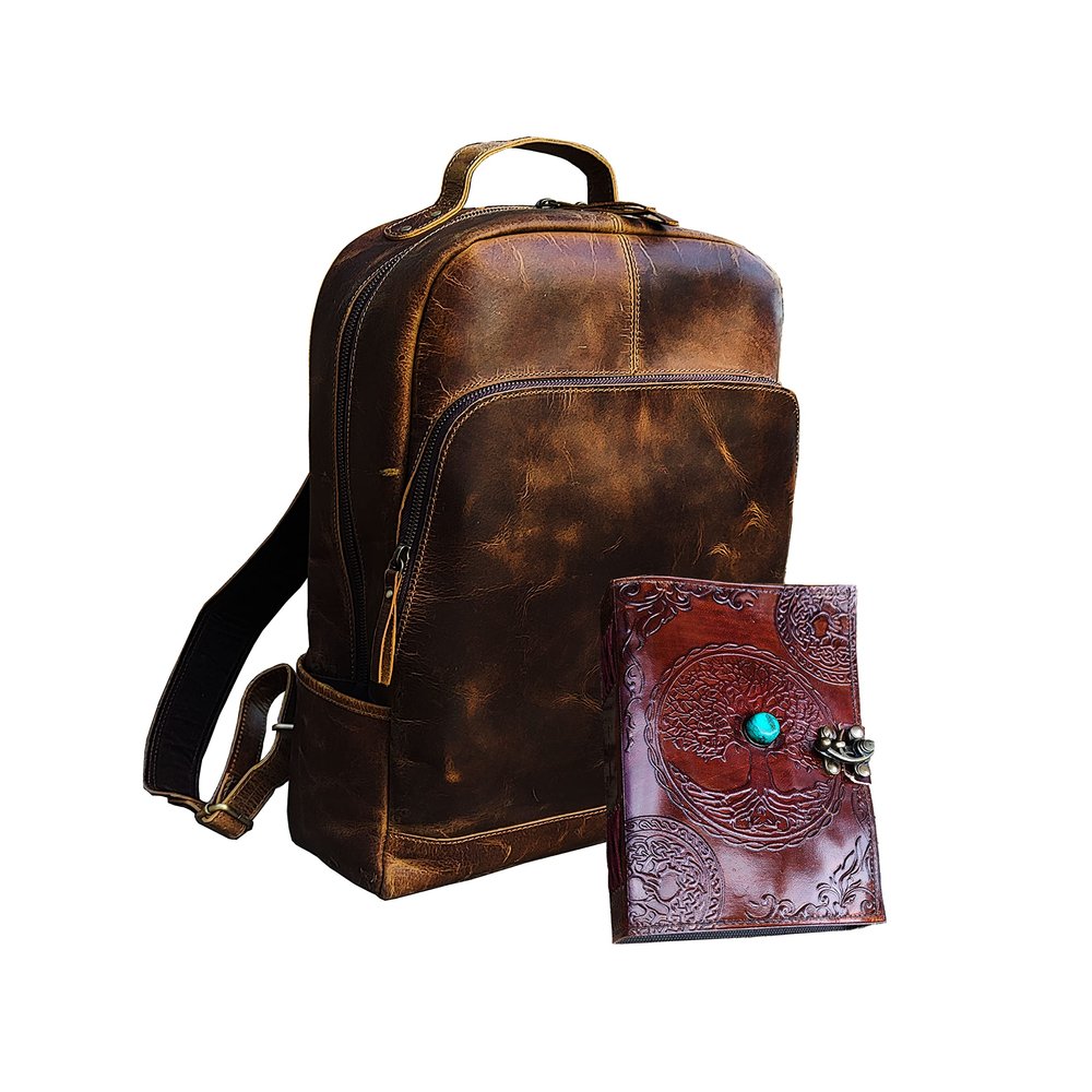 16 Inch Leather Backpack for Men Women Rucksack Large Travel Laptop Bag Hiking Daypack Carry-On Backpack