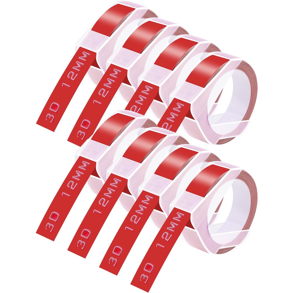 GREENCYCLE 3D Plastic Embossing Label Tape Compatible for Dymo Organizer Xpress, Pro Office Mate II, MoTEX, Self-Adhesive Glossy Labeling 521202, 1/2" (12mm) x 9.8ft (3m) White on Red-8 Rolls