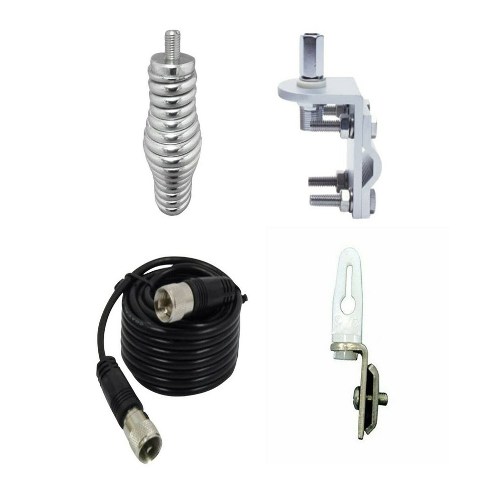 CB RADIO SUPPLY Stainless Steel Install Kit for 102 Inch Whip CB Ham Antenna - 18ft RG58 Coax - Heavy Duty Pot Belly Barrel Spring - 3 Way Stainless Steel Mirror Mount - Tie Down Clip