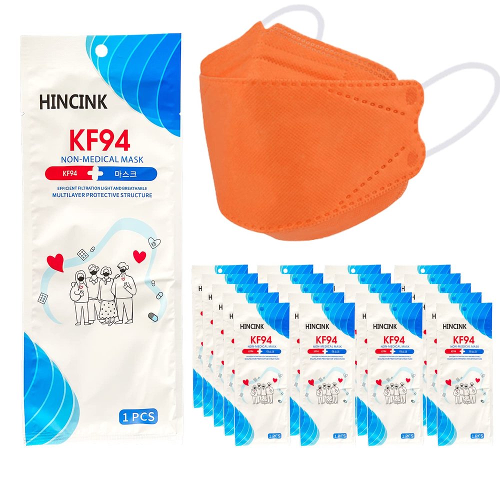 [20 Pack]HINCINK Kf94 Masks [Individually Packaged] Unisex, 4-Layer Mask, Tri-Folding Style for Adult and Older (20Pcs, Orange)