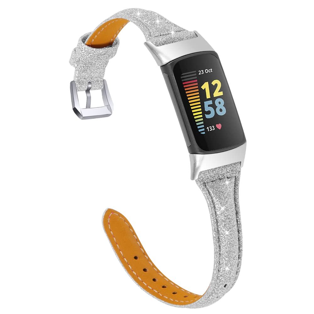 Genuine Leather Bands Compatible with Fitbit Charge 5 Watch Band for Women Adjustable Wristbands Quick Release Strap Replacement Band for Fitbit Charge 5 (Silver)