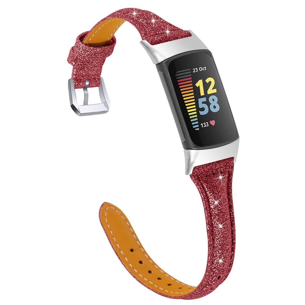 Genuine Leather Bands Compatible with Fitbit Charge 5 Watch Band for Women Adjustable Wristbands Quick Release Strap Replacement Band for Fitbit Charge 5 (Red)