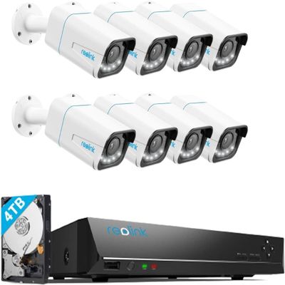REOLINK 4K PoE Outdoor Security Camera System, 5X Optical Zoom, Spotlight Color Night Vision, Two Way Talk, 8X RLC-811A Bundle with POE NVR RLN16-410, Pre-Installed 4TB HDD 16CH Video Recorder
