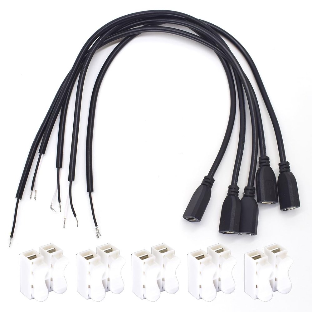 5pcs 0.3M/1ft 12inch Micro USB Female Jack 5V 3A 22AWG 2 Wires Power Pigtail Cable DIY Black