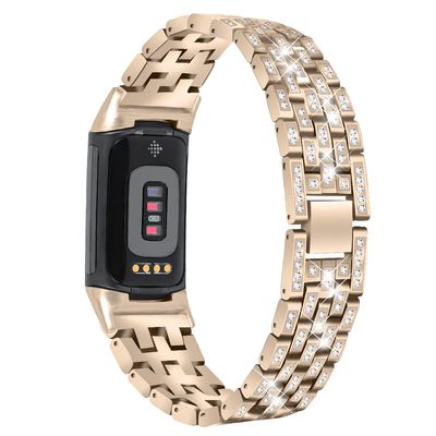 Watch Band Compatible with Fitbit Charge 5 for Women Men Classy Bling Metal Bracelet Adjustable Stainless Steel Wristband Clasp Strap Quick Release Replacement Band for Fitbit Charge 5 (Gold)