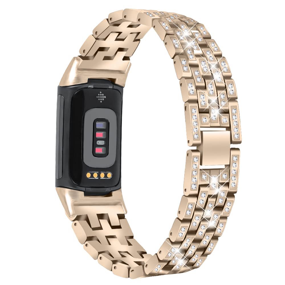 Watch Band Compatible with Fitbit Charge 5 for Women Men Classy Bling Metal Bracelet Adjustable Stainless Steel Wristband Clasp Strap Quick Release Replacement Band for Fitbit Charge 5 (Gold)