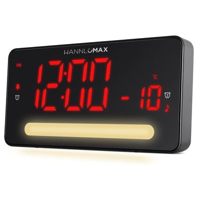 HANNLOMAX HX-149CR Alarm Clock Radio with 2 LED Display, Temperature, Night Light, USB Type-C Ports for 2.4A Charging and USB Type-A Port for 1A Charging.