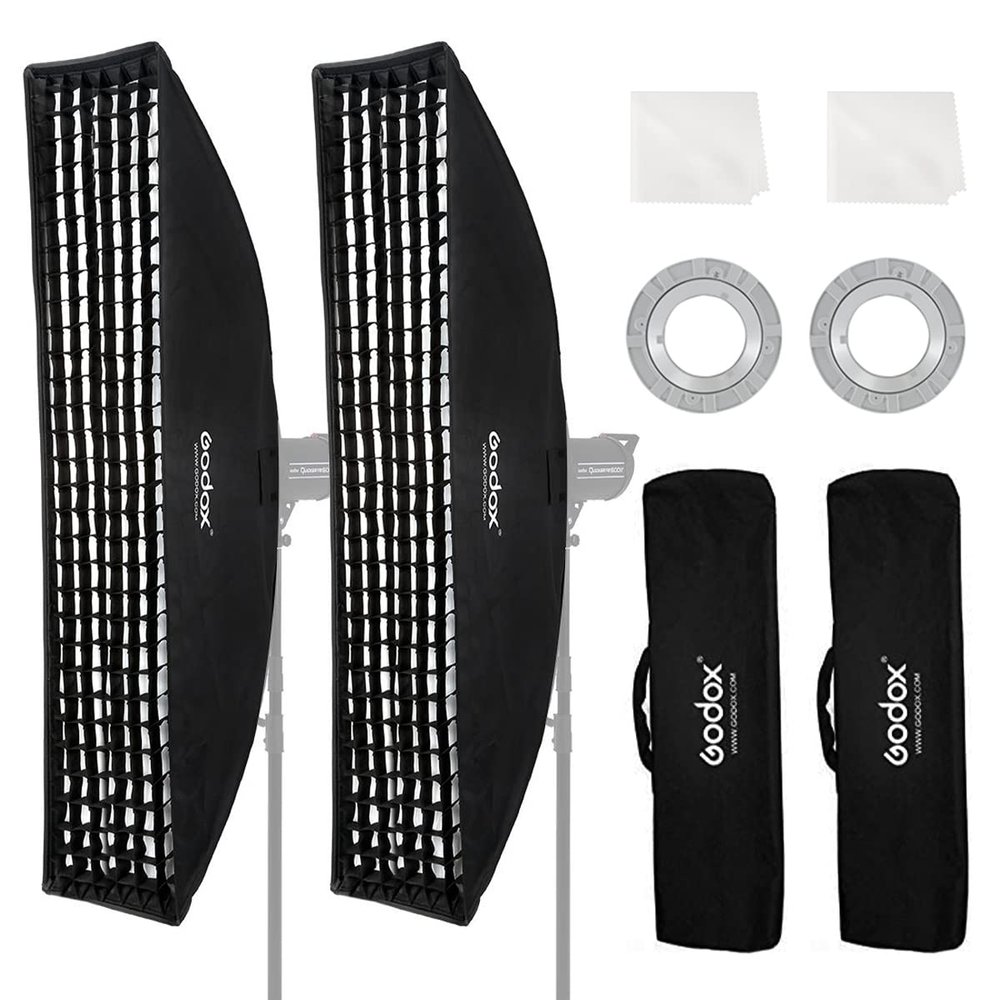 Godox 2PCS FW30x120cm/12 x47 Bowens Mount Strip Honeycomb Grid Softbox,Detachable Strip Soft Box with Bowens Mount Speedring,Curved Grid Softbox for Studio Strobe Flash Portrait Product Photography