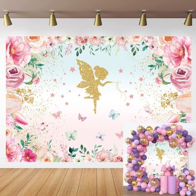 Floral Fairy Butterfly Backdrop Spring Pink Gold Flower Princess Butterflies Birthday Background Girl Princess Wonderland Birthday Baby Shower Tea Party Studio Decoration Props 7x5FT