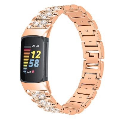 FitTurn Jewelry Bling Bands Compatible with Fitbit Charge 5 Band for Women Men, Replacement Diamond Rhinestone Bracelet Metal Strap with Adjustment Tool for Charge 5 Smartwatch (RoseGold)