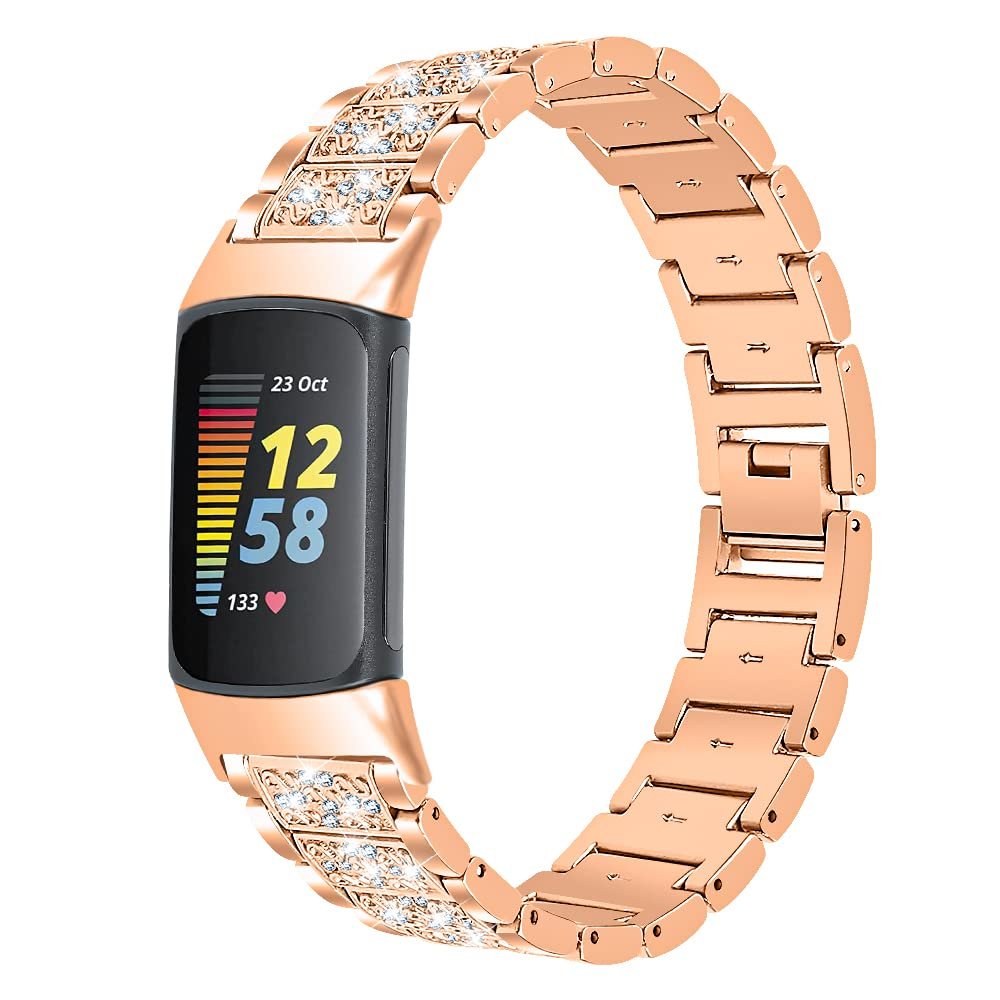 FitTurn Jewelry Bling Bands Compatible with Fitbit Charge 5 Band for Women Men, Replacement Diamond Rhinestone Bracelet Metal Strap with Adjustment Tool for Charge 5 Smartwatch (RoseGold)