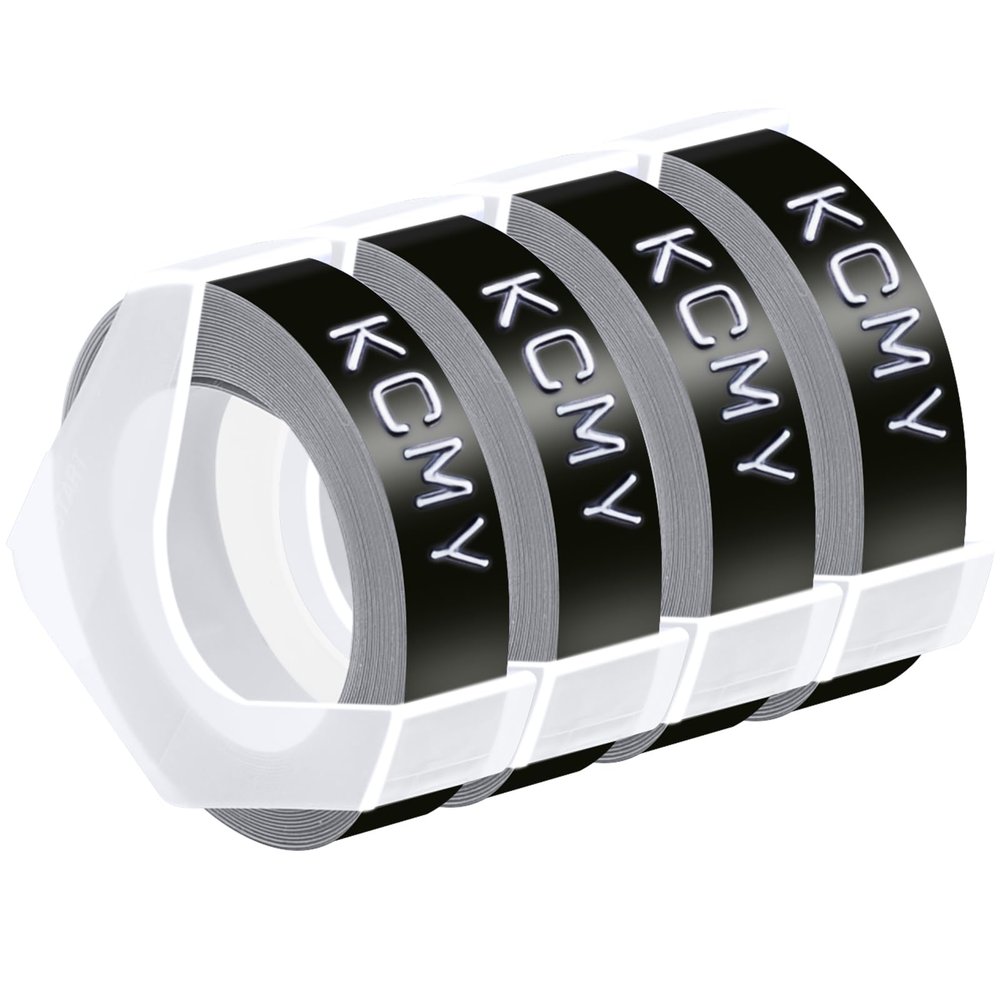 KCMYTONER 1/2 Embossing Label Tape Compatible for DYMO 3D Plastic Labels White on Black Used in Organizer Xpress Pro 1575 1595 1570, Office Mate II 1540 154000, MoTEX E101 E404 Label Makers-4 Pack