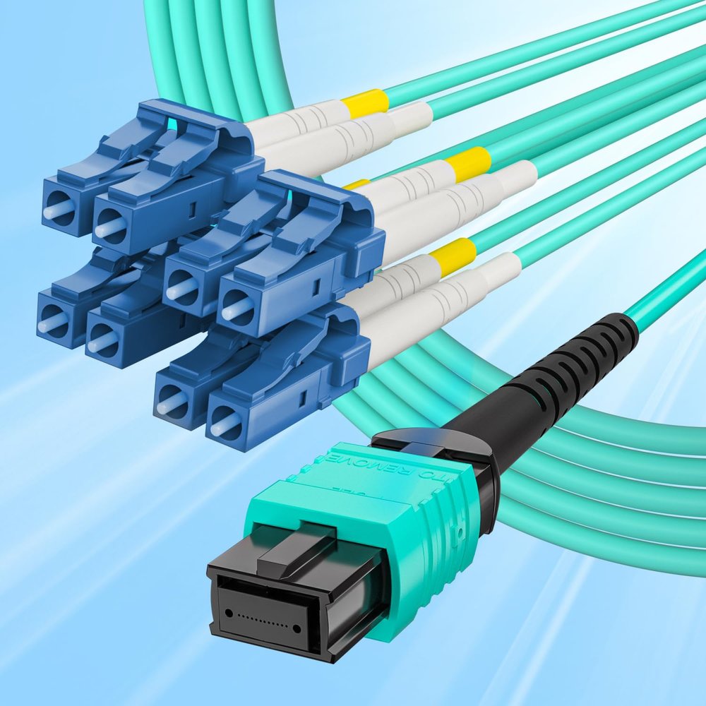 10Gtek Fiber Patch Cable - MTP to 8xLC OM3 50/125m Multimode Fan-Out Fiber Jumper Patch Cord, 8-core Uniboot Breakout for 40G QSFP+ and 400G QSFP28 Transceivers, 15m(49.2-ft)