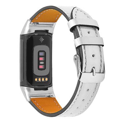 Chofit Watch Band Compatible with Fitbit Charge 5, Genuine Leather Vintage Replacement Strap Classic Bands Buckle Compatible with Fitbit Charge 5 (Silver)