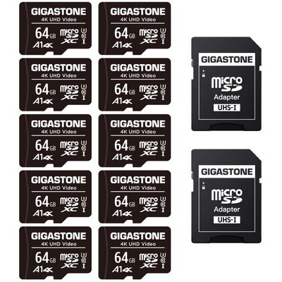 GIGASTONE 64GB Micro SD Card 10-Pack, A1 V30 4K Video Recording, Surveillance Security Cam Action Camera Drone Professional, 90MB/s Micro SDXC UHS-I Class 10