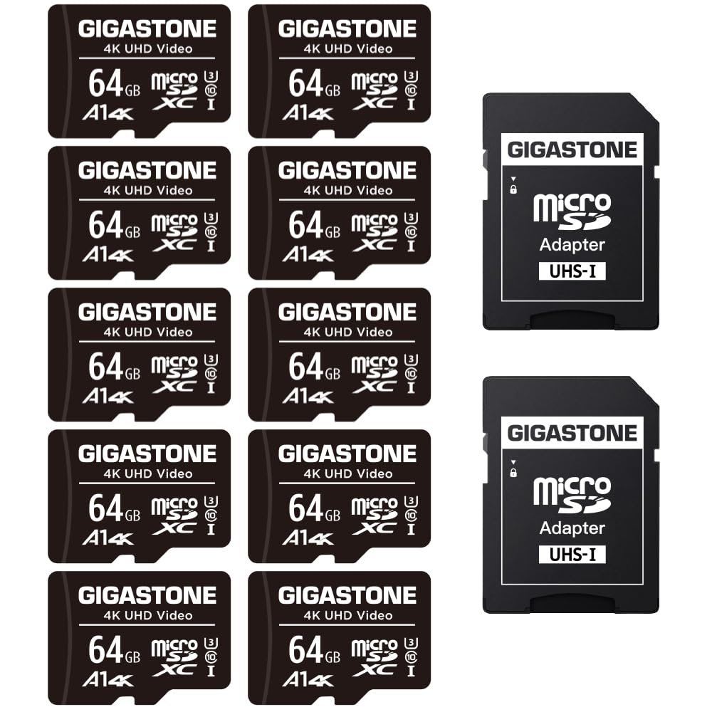 GIGASTONE 64GB Micro SD Card 10-Pack, A1 V30 4K Video Recording, Surveillance Security Cam Action Camera Drone Professional, 90MB/s Micro SDXC UHS-I Class 10