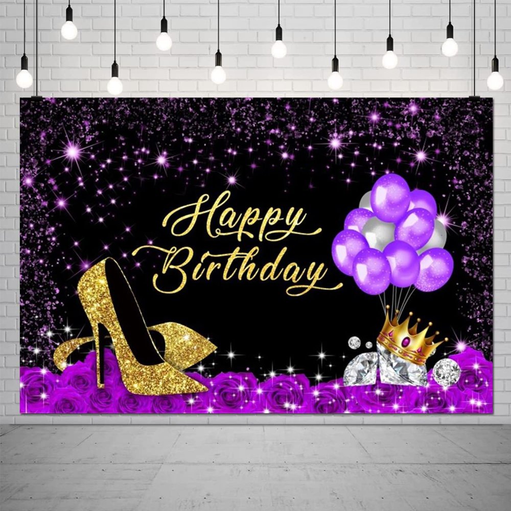 10x8FT Glitter Purple Woman's Birthday Backdrop Golden High Heels Champagne Crown Balloon Photography Background for Adult Woman Girls Happy Birthday Banner Photo Studio Prop
