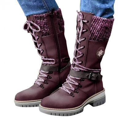ZBYY Women's Riding Combat Boots,Lace up Mid Calf Military Knee High Booties Wide Calf Motorcycle Riding Winter Boots