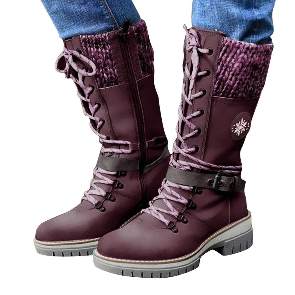 ZBYY Women's Riding Combat Boots,Lace up Mid Calf Military Knee High Booties Wide Calf Motorcycle Riding Winter Boots