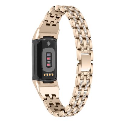 Chic Cute Bling Bands Compatible with Fitbit Charge 6/Charge 5 Fitness & Health Tracker,Rhinestone Dressy Bracelet Stainless Steel Metal Replacement Strap Wristbands Jewelry Strap Women (Vintage gold)