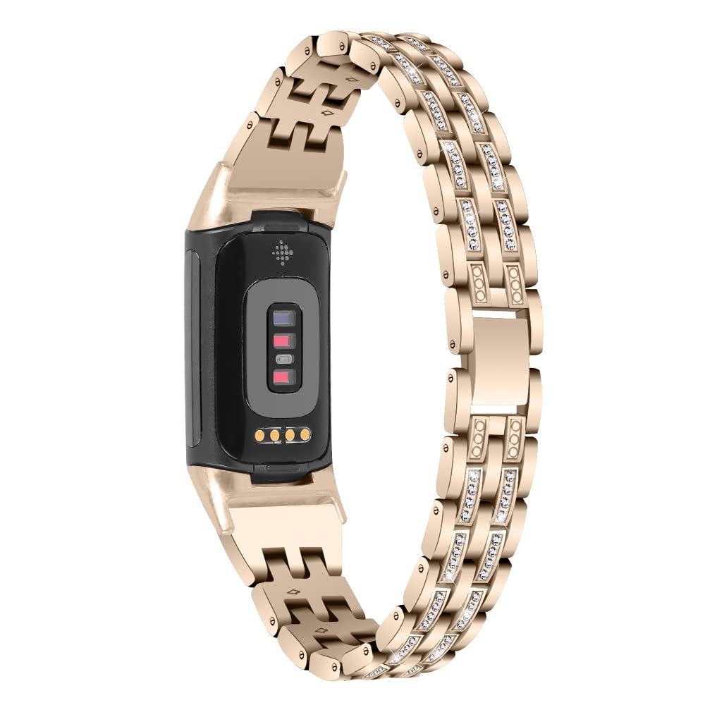 Chic Cute Bling Bands Compatible with Fitbit Charge 6/Charge 5 Fitness & Health Tracker,Rhinestone Dressy Bracelet Stainless Steel Metal Replacement Strap Wristbands Jewelry Strap Women (Vintage gold)