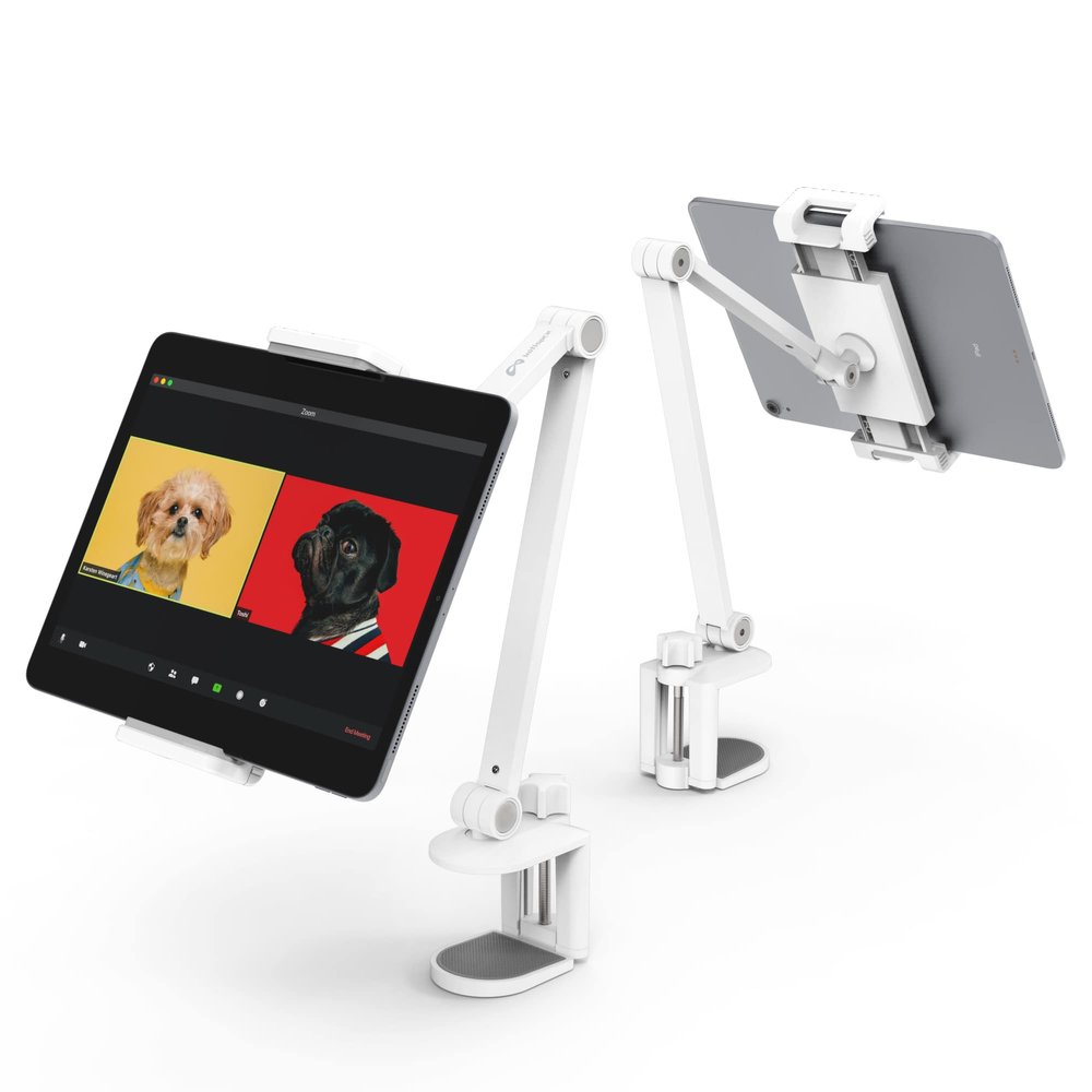iPad Desk Mount, Adjustable Tablet Holder Clamp, 360 degree Rotation, Sturdy Aluminum Tablet Arm Mount for 4.7"-13" iPad Pro/Air/Mini, iPhone, Galaxy Tab, for Kitchen, Work, Video Call(White)